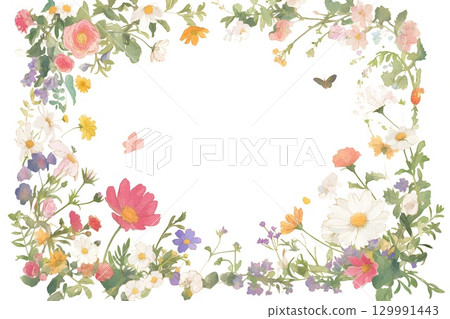 Illustration material of stylish plants and flowers in gentle spring colors on a white background 129991443