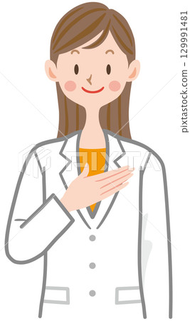 一位身穿白大褂、手放在胸前的女人的插圖,醫生,藥劑師,醫生 一位身穿白大褂、手放在胸前的女人的插圖,醫生,藥劑師,醫生 129991481