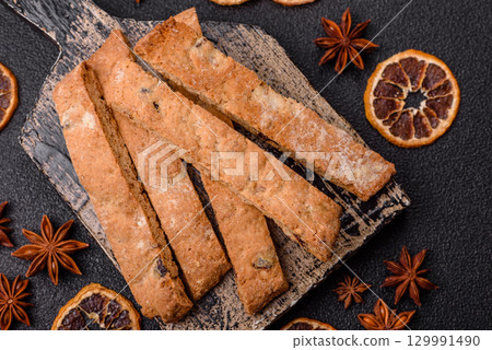 Biscotti or cantuccini biscuits, a crispy sweet Italian pastry. Biscotti dessert Biscotti or cantuccini biscuits, a crispy sweet Italian pastry. Biscotti dessert 129991490