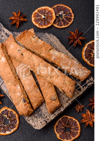 Biscotti or cantuccini biscuits, a crispy sweet Italian pastry. Biscotti dessert Biscotti or cantuccini biscuits, a crispy sweet Italian pastry. Biscotti dessert 129991491