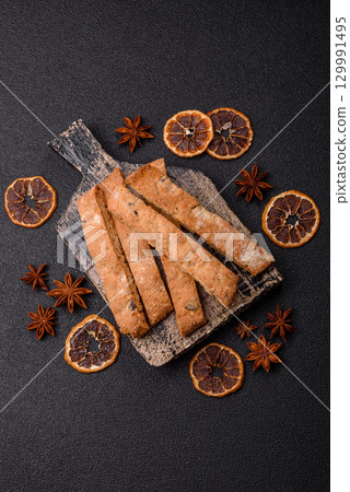 Biscotti or cantuccini biscuits, a crispy sweet Italian pastry. Biscotti dessert Biscotti or cantuccini biscuits, a crispy sweet Italian pastry. Biscotti dessert 129991495