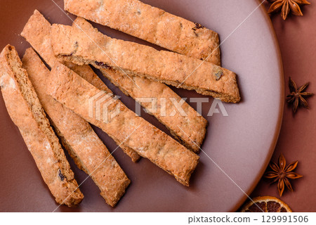 Biscotti or cantuccini biscuits, a crispy sweet Italian pastry. Biscotti dessert 129991506