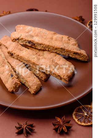 Biscotti or cantuccini biscuits, a crispy sweet Italian pastry. Biscotti dessert 129991508