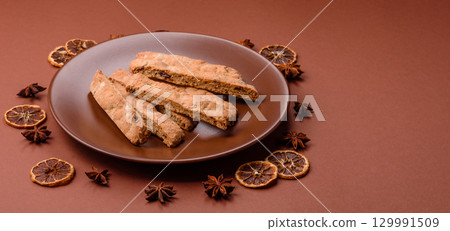 Biscotti or cantuccini biscuits, a crispy sweet Italian pastry. Biscotti dessert 129991509