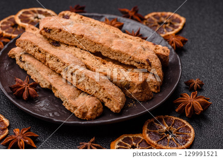 Biscotti or cantuccini biscuits, a crispy sweet Italian pastry. Biscotti dessert Biscotti or cantuccini biscuits, a crispy sweet Italian pastry. Biscotti dessert 129991521