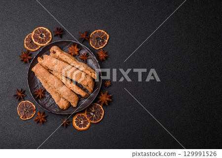 Biscotti or cantuccini biscuits, a crispy sweet Italian pastry. Biscotti dessert 129991526