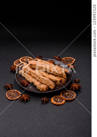 Biscotti or cantuccini biscuits, a crispy sweet Italian pastry. Biscotti dessert 129991528