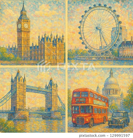 倫敦著名地標的奇幻點彩畫 129991597