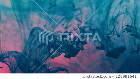 Ink vapor. Smoke blend. Turquoise fume paint drop curl stream in pink water. Art mystic color abstract blur background spill haze. Ink vapor. Smoke blend. Turquoise fume paint drop curl stream in pink water. Art mystic color abstract blur background spill haze. 129991641