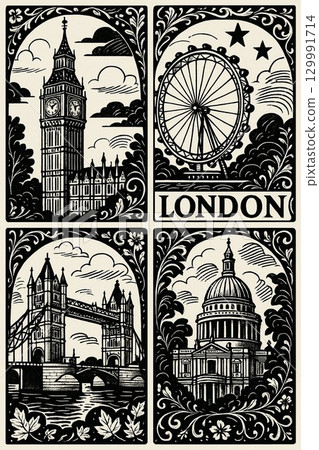 郵票風格的倫敦地標黑白插圖 129991714
