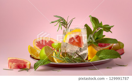 A refreshing summer drink with ice, citrus, rosemary and mint. A refreshing summer drink with ice, citrus, rosemary and mint. 129991787