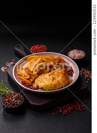 Fried French fries with a piece of meat, lunch food. Prepared potatoes and meat 129992032