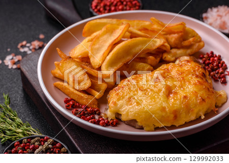 Fried French fries with a piece of meat, lunch food. Prepared potatoes and meat 129992033