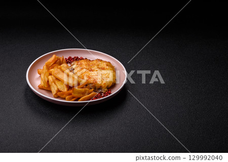 Fried French fries with a piece of meat, lunch food. Prepared potatoes and meat Fried French fries with a piece of meat, lunch food. Prepared potatoes and meat 129992040