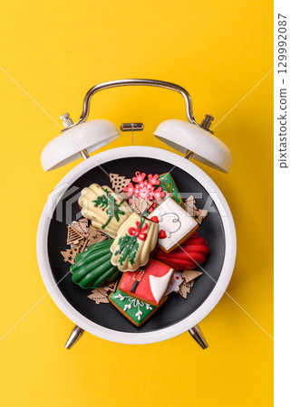 Christmas, gingerbread or madeleine on a plate on a vintage clock. Christmas conceptual background Christmas, gingerbread or madeleine on a plate on a vintage clock. Christmas conceptual background 129992087