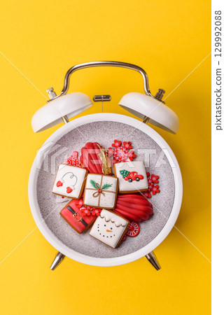 Christmas, gingerbread or madeleine on a plate on a vintage clock. Christmas conceptual background 129992088