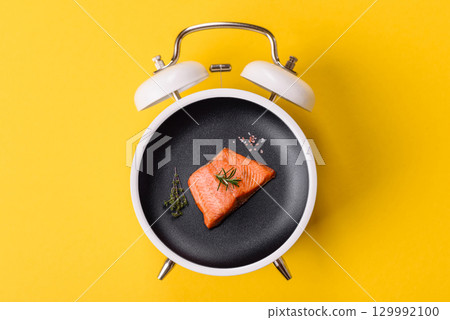 Red salmon fish grilled with pepper and spices. Concept time to eat fish Red salmon fish grilled with pepper and spices. Concept time to eat fish 129992100