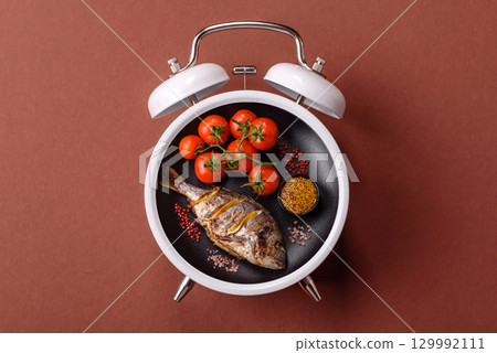 Grilled dorado fish cooked with pepper and spices. Concept time to eat fish 129992111