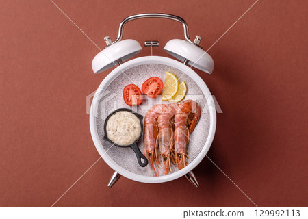 Cooked shrimp, prawn, meal, fresh seafood. Time to eat prawns Cooked shrimp, prawn, meal, fresh seafood. Time to eat prawns 129992113