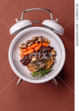 Grilled mackerel fish with peppers and spices. Concept time to eat fish Grilled mackerel fish with peppers and spices. Concept time to eat fish 129992116