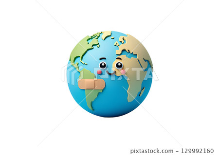 Smiling 3d planet earth with bandage on cheek, eco-friendly character for conservation awareness campaigns Smiling 3d planet earth with bandage on cheek, eco-friendly character for conservation awareness campaigns 129992160
