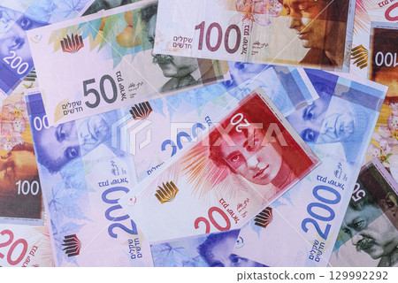 Israeli paper money, banknotes, shekel currency for business and financial settlements. Israel money 129992292