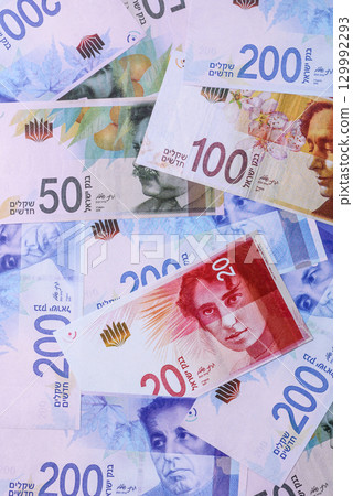 Israeli paper money, banknotes, shekel currency for business and financial settlements. Israel money 129992293