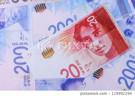 Israeli paper money, banknotes, shekel currency for business and financial settlements. Israel money 129992294
