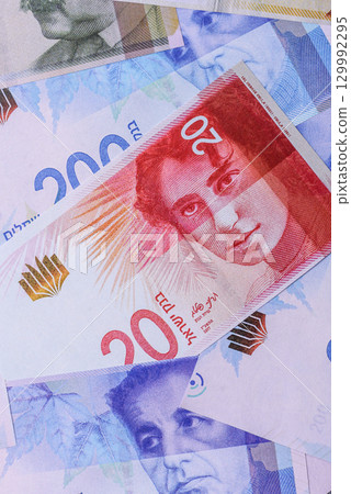 Israeli paper money, banknotes, shekel currency for business and financial settlements. Israel money Israeli paper money, banknotes, shekel currency for business and financial settlements. Israel money 129992295