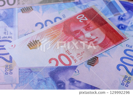Israeli paper money, banknotes, shekel currency for business and financial settlements. Israel money 129992296
