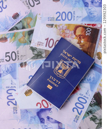 Israel passport for travelling, flying and doing business. Israeli document, id 129992303
