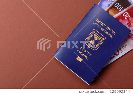 Israel passport for travelling, flying and doing business. Israeli document, id 129992344