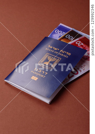 Israel passport for travelling, flying and doing business. Israeli document, id 129992346
