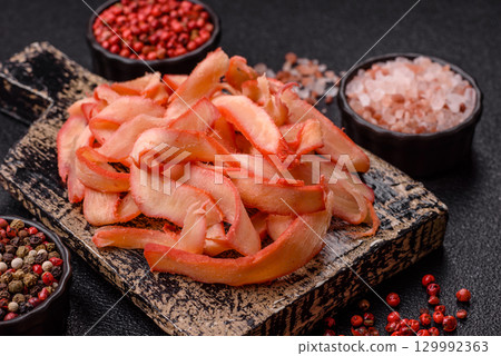 Food, dried squid in shavings or chopped as snacks or jerky. Snack dried squid for beer 129992363