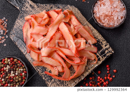 Food, dried squid in shavings or chopped as snacks or jerky. Snack dried squid for beer 129992364