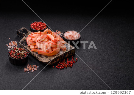 Food, dried squid in shavings or chopped as snacks or jerky. Snack dried squid for beer 129992367