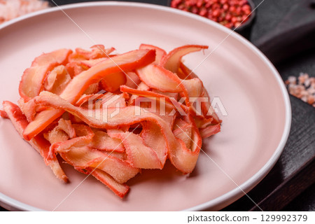 Food, dried squid in shavings or chopped as snacks or jerky. Snack dried squid for beer 129992379