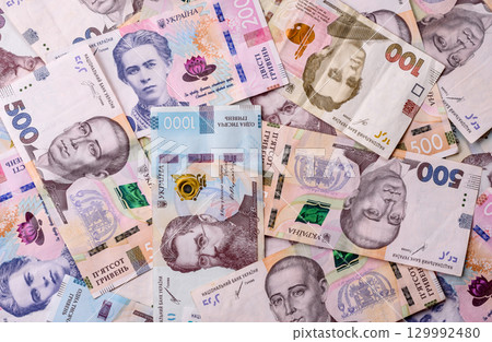 Ukrainian money, hryvnia, paper banknotes, cash. Ukrainian money for business Ukrainian money, hryvnia, paper banknotes, cash. Ukrainian money for business 129992480