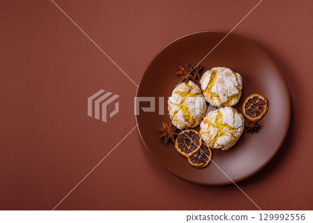 Crinkle biscuits lemon or banana, healthy vegan food. Lemon biscuits 129992556