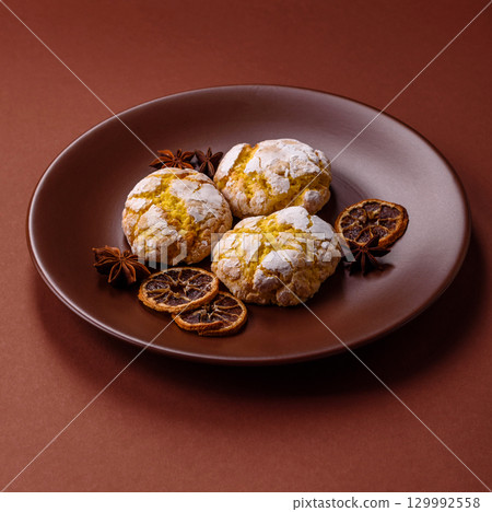 Crinkle biscuits lemon or banana, healthy vegan food. Lemon biscuits 129992558