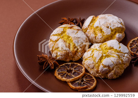 Crinkle biscuits lemon or banana, healthy vegan food. Lemon biscuits 129992559