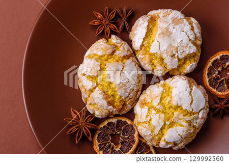 Crinkle biscuits lemon or banana, healthy vegan food. Lemon biscuits 129992560