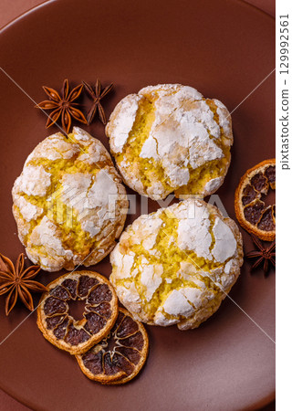 Crinkle biscuits lemon or banana, healthy vegan food. Lemon biscuits 129992561