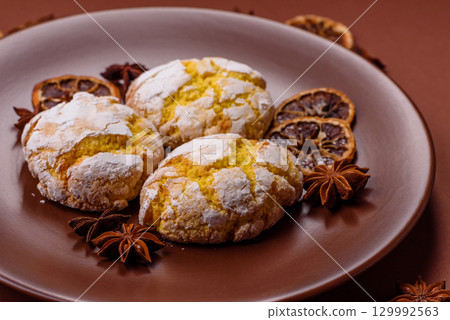 Crinkle biscuits lemon or banana, healthy vegan food. Lemon biscuits 129992563