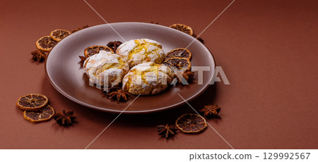 Crinkle biscuits lemon or banana, healthy vegan food. Lemon biscuits 129992567