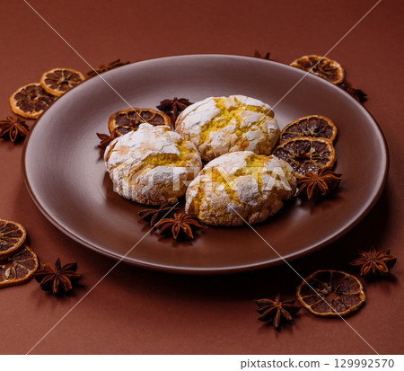 Crinkle biscuits lemon or banana, healthy vegan food. Lemon biscuits 129992570