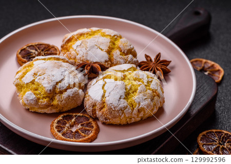 Crinkle biscuits lemon or banana, healthy vegan food. Lemon biscuits 129992596