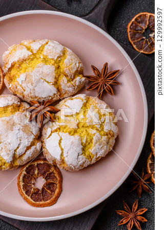 Crinkle biscuits lemon or banana, healthy vegan food. Lemon biscuits Crinkle biscuits lemon or banana, healthy vegan food. Lemon biscuits 129992597