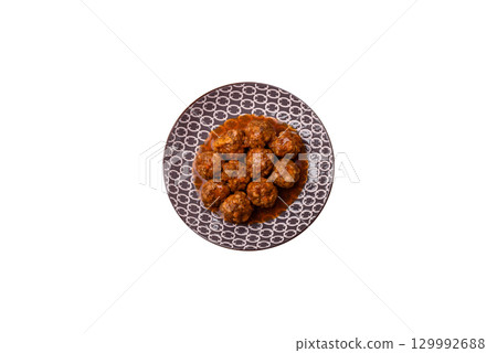 Meat, meatballs in tomato sauce, Italian food, beef or pork with salt . Meatballs with tomatoes 129992688