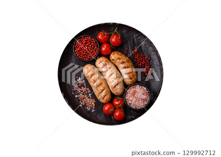 Grilled chicken or beef sausages, a hot meat dish. Barbecued sausages 129992712